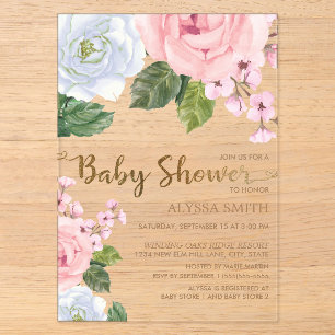 Elegante Rosa Weiße Rose Script Babydusche Acryleinladungen