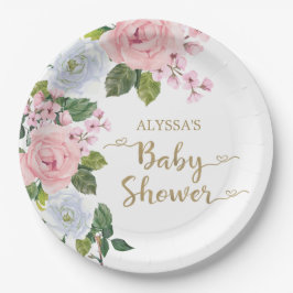 Elegante Rosa Weiße Rose Script Babydusche Pappteller