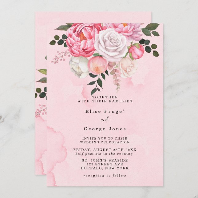 Elegante Rosa White Watercolor Florals Wedding Einladung (Vorne/Hinten)