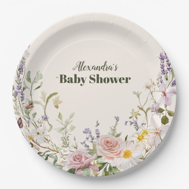 Elegante Rosa Wildblume Boho Baby Shower Pappteller (Vorderseite)