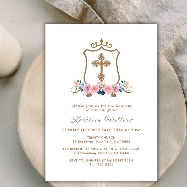 Elegante rosa Wildblume Rose Cross Wappen Taufe Einladung (Elegant Pink Wildflower Rose Cross Crest Baptism Invitation)