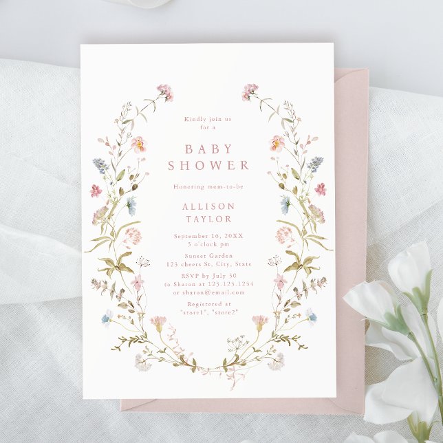 Elegante Rosa Wildblume Rustic Boho Baby Shower Einladung (Elegant Pink Wildflower Rustic Boho Baby Shower Invitation)