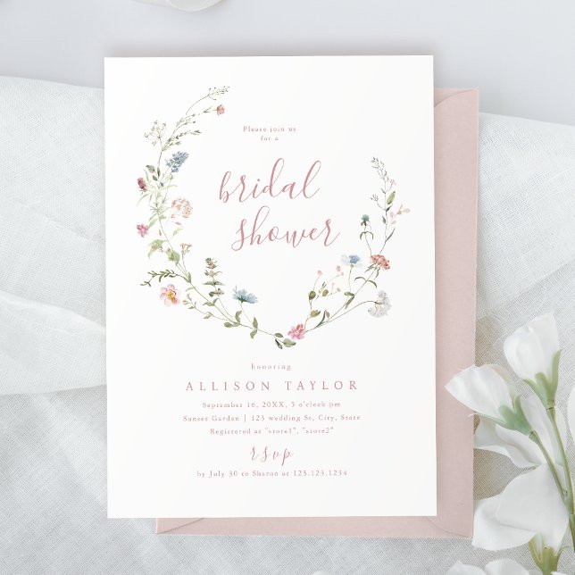 Elegante Rosa Wildblume Rustic Boho Brautparty Einladung (Elegant Pink Wildflower Rustic Boho Bridal Shower Invitation)