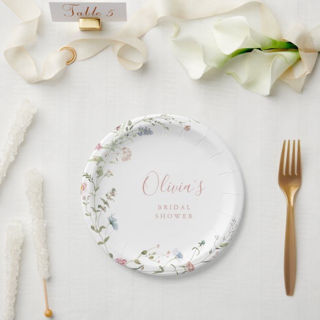 Elegante Rosa Wildblume Rustic Boho Brautparty Pappteller (Hochzeit)