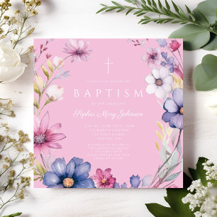 Elegante rosa Wildblume Wreath Girl Taufe Einladung