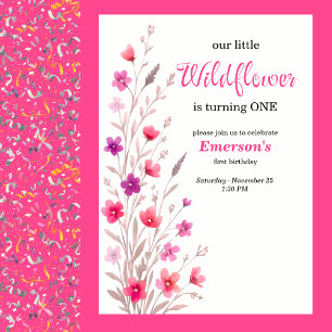 Elegante rosa Wildblumen 1. Geburtstagsfeier Einladung