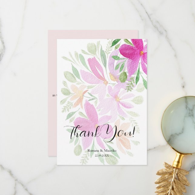 Elegante Rosa Wildblumen Dankeskarte (Vorderseite/Rückseite Beispiel)