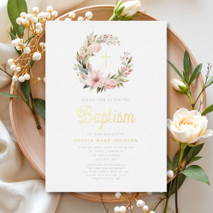 Elegante Rosa Wreath Girl Taufe Gold Folieneinladung