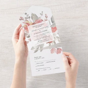 Elegante rosafarbene Blumen-Watercolor-Hochzeit All In One Einladung