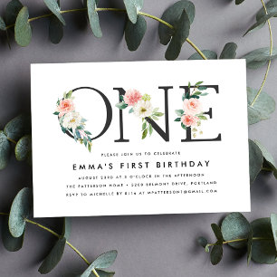 Elegante rosafarbene Blumenparty zum 1. Geburtstag Einladung