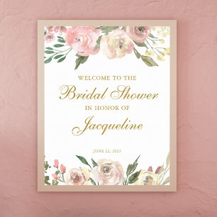 Elegante rosafarbene Elfenbeingoldene florale Hoch Poster