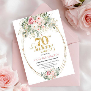 Elegante rosafarbene florale goldene Boho 70. Gebu Einladung