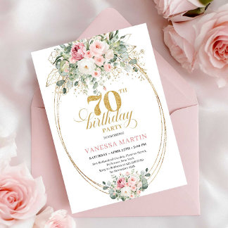 Elegante rosafarbene florale goldene Boho 70. Gebu Einladung