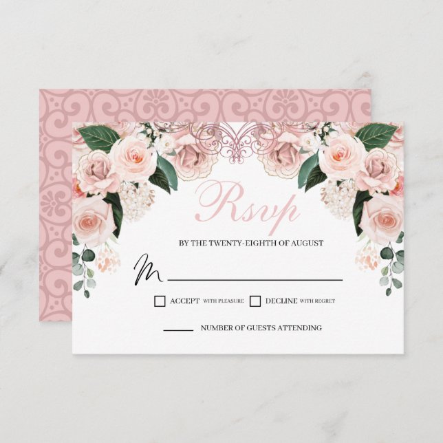 Elegante, rosafarbene, florale UAWG-Umschließkarte RSVP Karte (Vorne/Hinten)