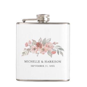 Elegante rosafarbene florale Wasserfarben-Hochzeit Flachmann