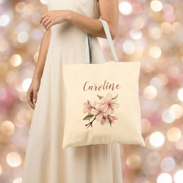 Elegante rosafarbene floralische Schrift Kirschblü Tragetasche (Elegant blush floral script cherry blossom wedding tote bag.)