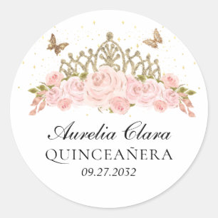 Elegante rosafarbene Floralkrone mit Gold Quincean Runder Aufkleber