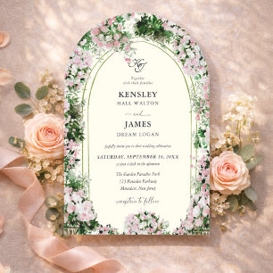 Elegante rosafarbene Gartenhochzeit mit Foto Einladung