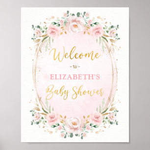 Elegante rosafarbene Gold-Blumen-Baby-Shower-Begrü Poster