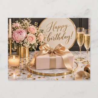 Elegante rosafarbene Gold-Blumen-Geburtstagskarte Postkarte
