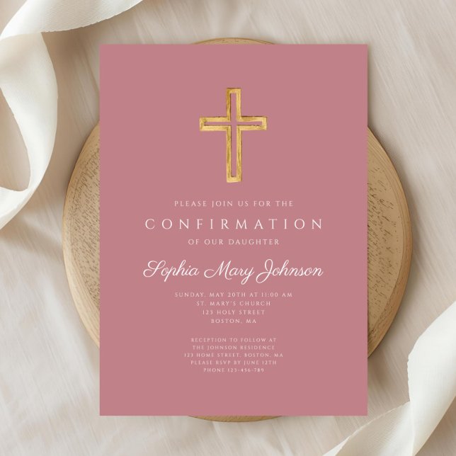 Elegante rosafarbene religiöse Cross Girl-Bestätig Einladung (Elegant Pink Religious Cross Girl Confirmation Invitation )