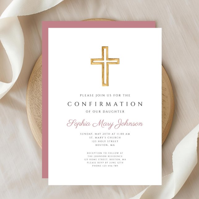 Elegante rosafarbene religiöse Cross Girl-Bestätig Einladung (Elegant Pink Religious Cross Girl Confirmation Invitation)