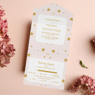 Elegante rosafarbene und goldene himmlische Hochze All In One Einladung
