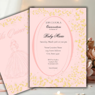 Elegante rosafarbene und goldene Quinceanera-Einla Einladung