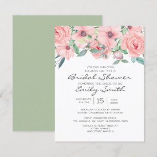 Elegante rosafarbene und salbeigrüne florale Braut Einladung