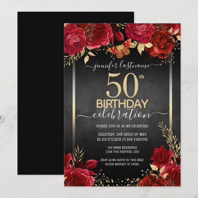 Elegante Rose 50. Geburtstag Einladung (Vorne/Hinten)
