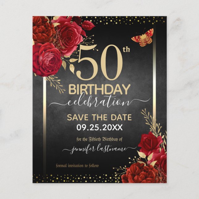 Elegante Rose 50. Geburtstag Save the Date Haushal (Vorderseite)