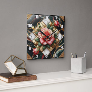 Elegante Rose auf Marmor- und Gold-Hintergrund Quadratische Wanduhr