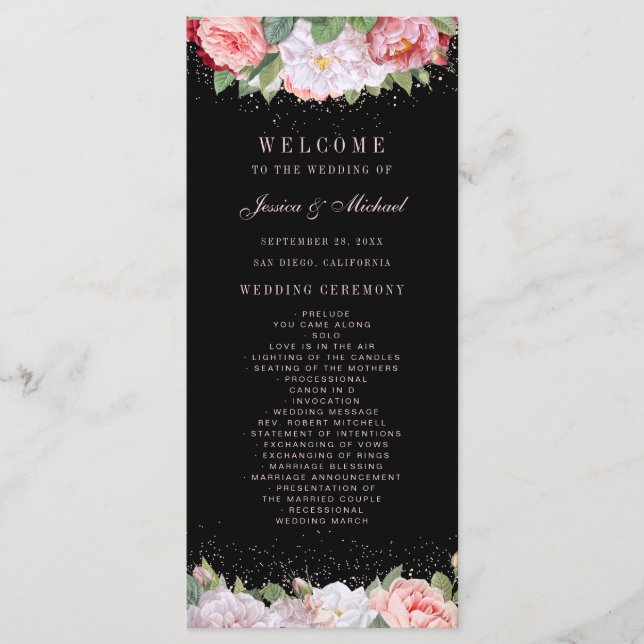 Elegante Rose aus der Blüte Rosa Schwarze Hochzeit Programm (Vorderseite)