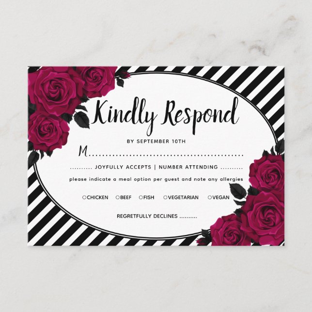 Elegante Rose Black Stripes Gothic Wedding RSVP Begleitkarte (Vorderseite)