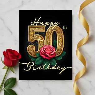 Elegante Rose Bloom und Luxe Golden 50. Geburtstag Postkarte