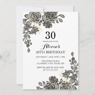 Elegante Rose Blume Schwarz & Gold Geburtstag Einladung