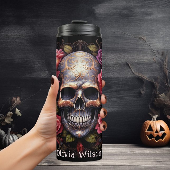 Elegante Rose Blumen Skull Personalisiert Thermosbecher (Von Creator hochgeladen)