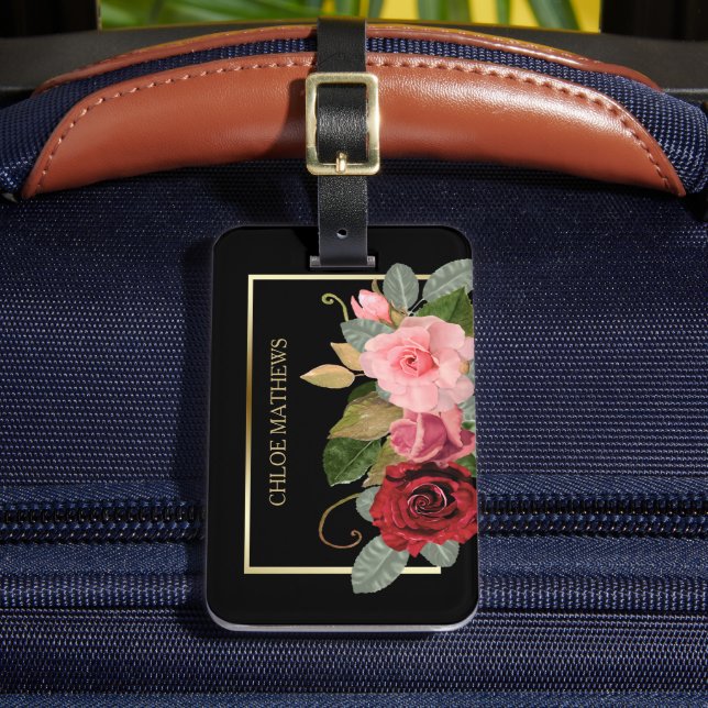 Elegante Rose Blumengoldrahmen Gepäckanhänger (Vorderseite Insitu 2)