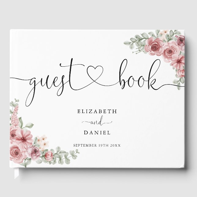 Elegante Rose Blumenschrift Hochzeit Gästebuch (Vorderseite)