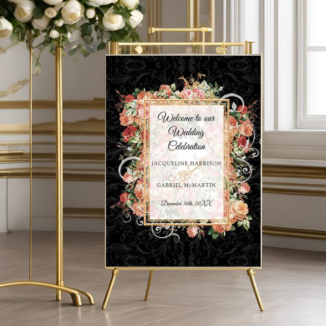 Elegante Rose Blumenschwarz Begrüßung Poster (Von Creator hochgeladen)