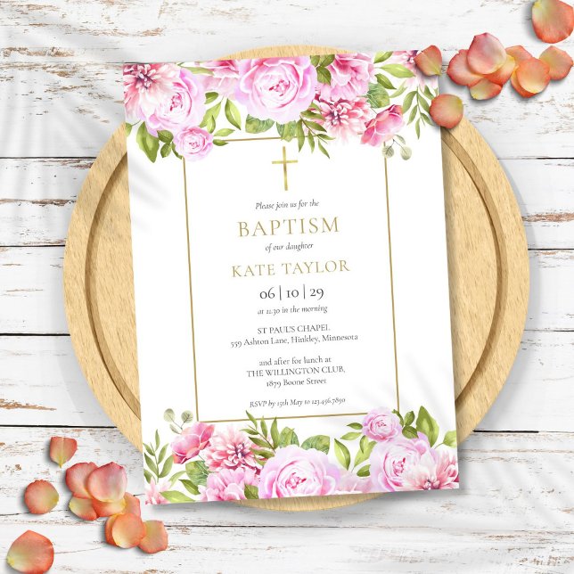 Elegante Rose Blumentaufen Christening Einladung (Elegant Roses Floral Baptism Christening Invitation)