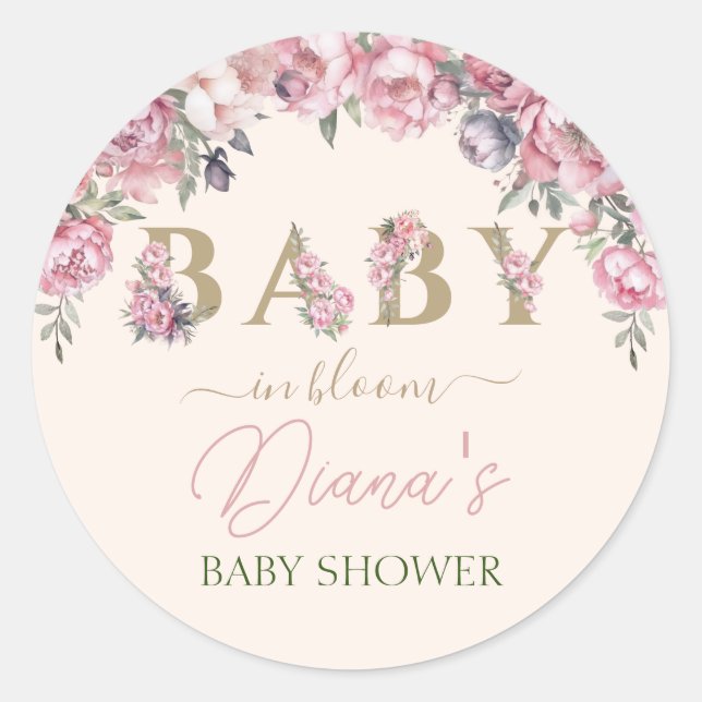 Elegante Rose Blush Pink Gold Baby Dusche Runder Aufkleber (Vorderseite)