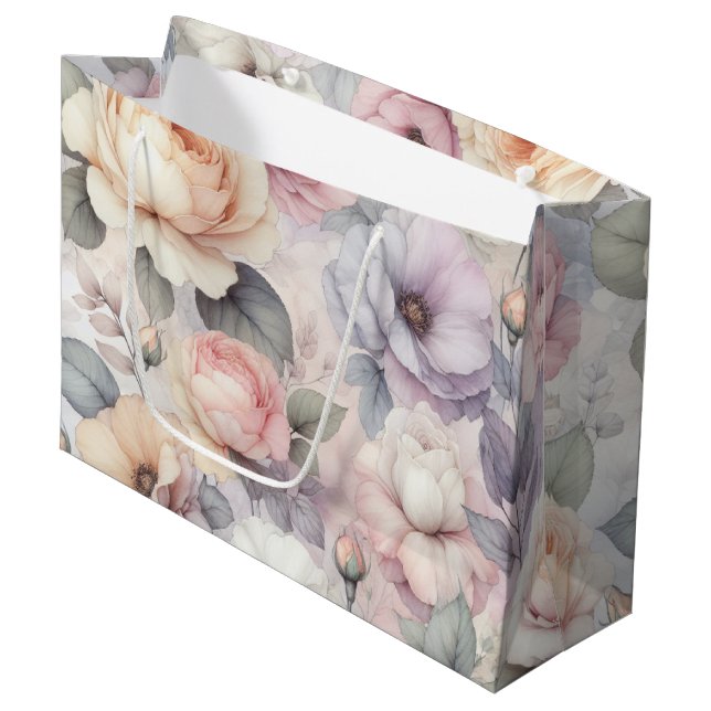 Elegante Rose Blüten Große Geschenktüte (Vorderseite Schrägansicht)