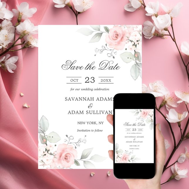 Elegante Rose Blütenrot Rosa Botanisch Save The Date (Elegant Floral Blush Rose Pink Botanical Save The Date)