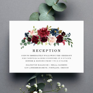 Elegante Rosé-Bordeaux-Navy-Blumen-Empfangskarte Einladung