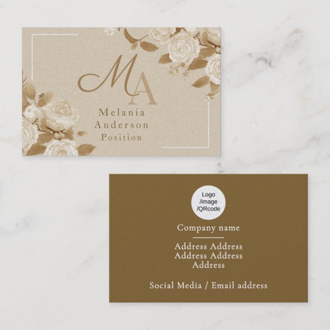 Elegante Rose Brown Monogramm Visitenkarte (Vorne/Hinten)