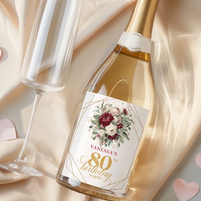 Elegante Rosé Burgunder 80. Geburtstags Champagner (Chic Blush Burgundy 80th Birthday Champagne Labels)