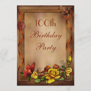 Elegante Rose & Butterfly 100. Geburtstagsparty Einladung