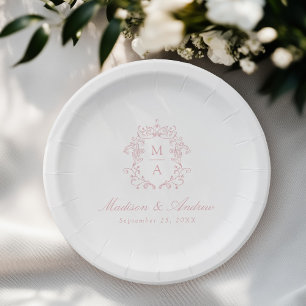 Elegante Rose-Chinoiserie-Monogramm-Wappen Hochzei Pappteller