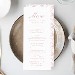 Elegante Rose Chinoiserie Viktorianische Hochzeit Menükarte<br><div class="desc">Erleben Sie ein atemberaubendes kulinarisches Erlebnis mit unserer eleganten Dusty Rose Pink Chinoiserie Floral Hochzeitsmenü. Dieses Menü mit eleganter staubiger Rose-Kalligraphie auf einem knusprigen, weißen Hintergrund ermöglicht es Paaren, ihren Namen, ihr Hochzeitsdatum und personalisierte Menüangebote hinzuzufügen. Die Rückseite zeigt eine wunderschöne staubige Rose und das weiße Chinoiserie Blumenmuster und verleiht...</div>